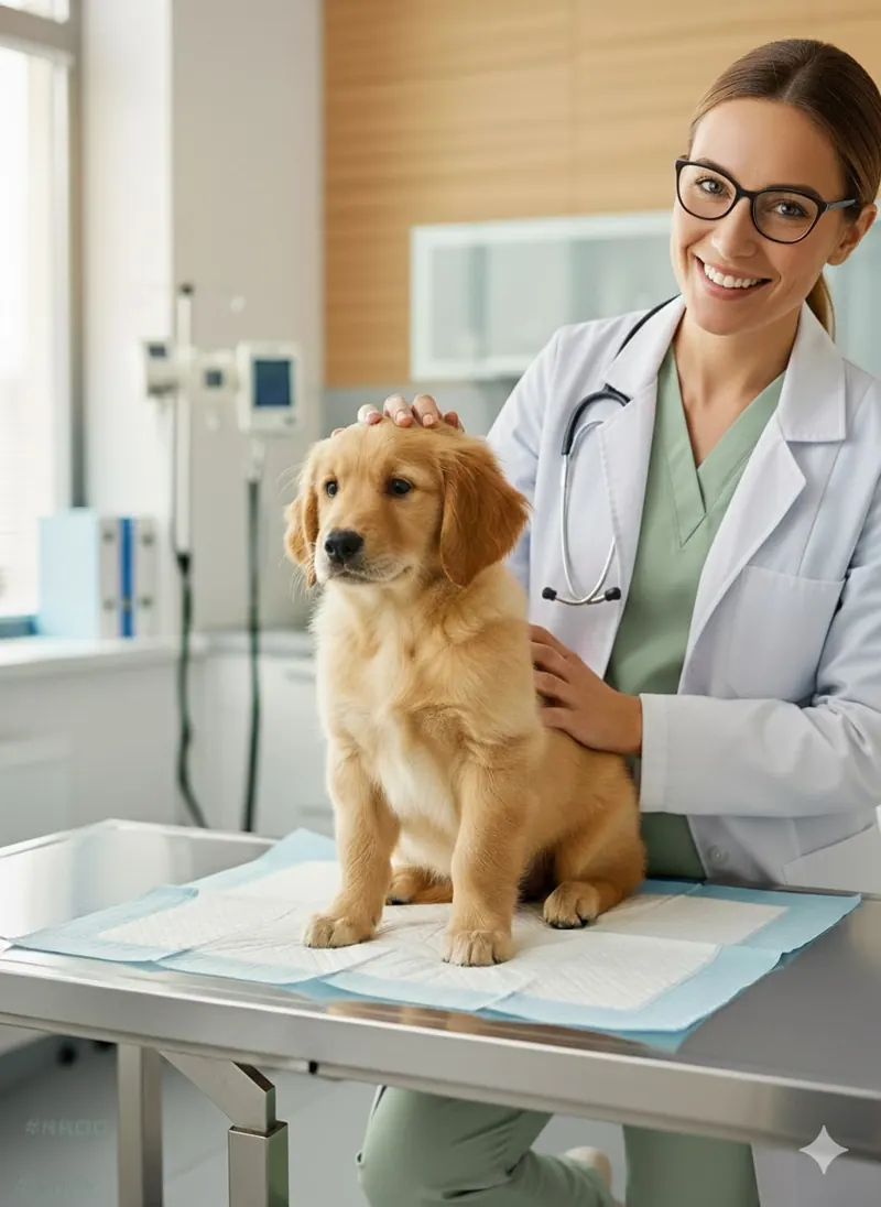 Eine Tierärztin hält einen Golden-Retriever-Welpen