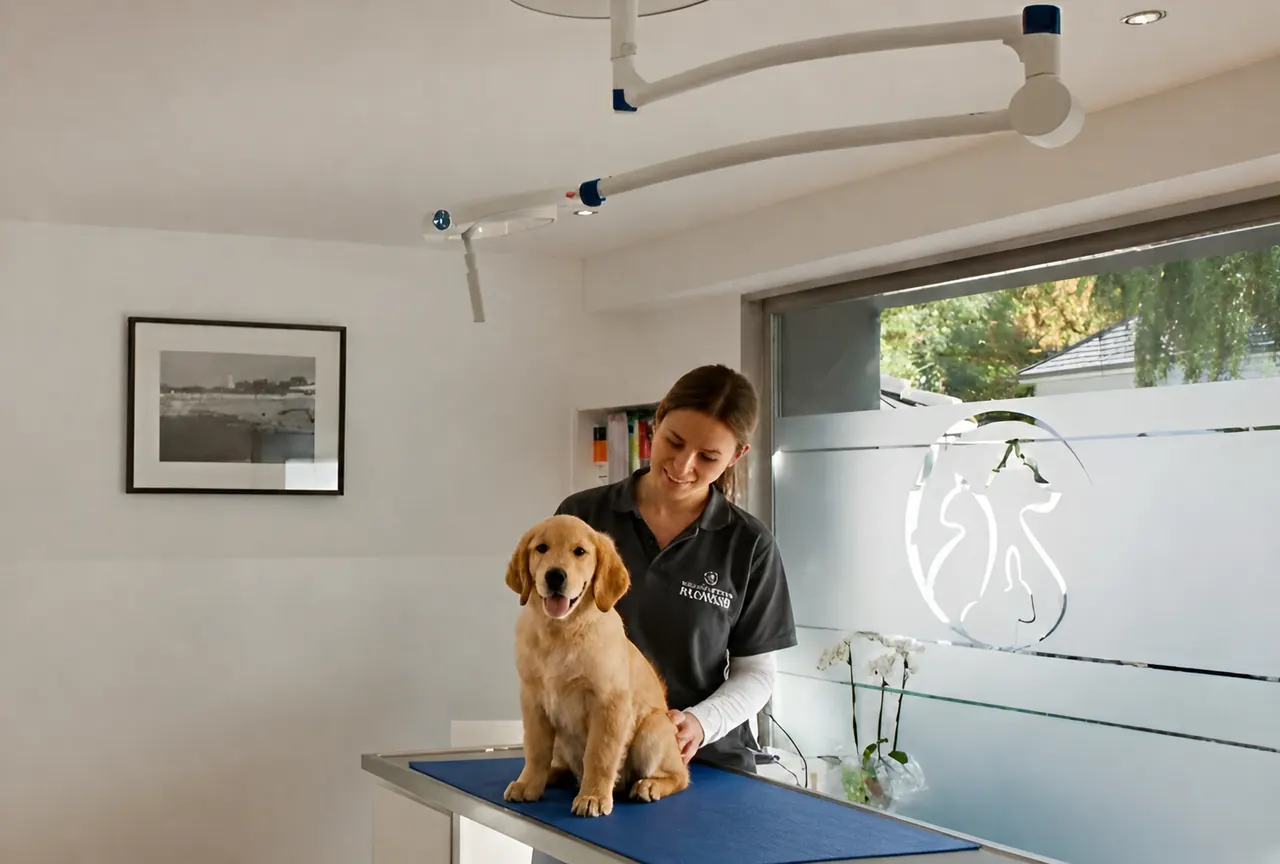 Eine Tierärztin untersucht einen Golden Retriever auf dem Behandlungstisch